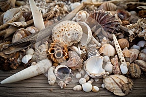 close-up of shells, driftwood and other beachcombing treasures