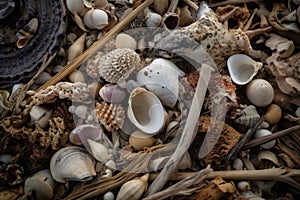 close-up of shells, driftwood and other beachcombing treasures