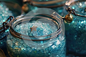 A close-up of shimmering bath salts in elegantly designed jars adorned with rustic charms