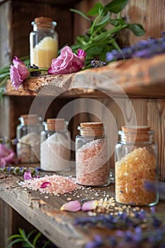 A close-up of shimmering bath salts in elegantly designed jars adorned with rustic charms
