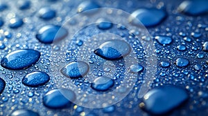 Close-up of shimmering blue water droplets on reflective surface.