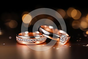 Close-up of shimmering gold wedding rings on glittering background with text space