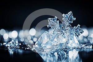 Close up of shimmering snowflakes with intricate crystalline details on a dark reflective surface illuminated by soft blue and photo