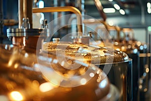 close up shining copper tanks for beer brewing with a blurred background and copy space.