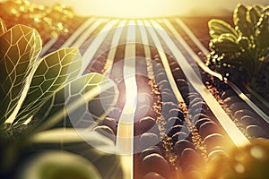 close-up of a shining sun, with double exposure of rows of food crops