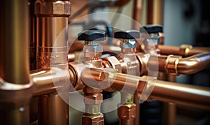 Close-Up of Shiny Copper Pipes and Valves