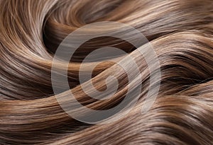 Close-up of shiny healthy brown hair with light highlights. Concept of hair care and salon colouring. AI generation