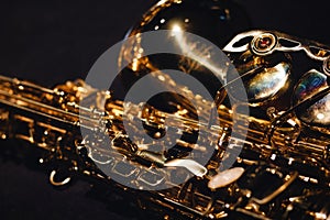 Close-up of a shiny saxophone musical instrument