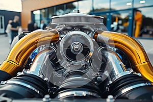 Close-up of a shiny turbocharged engine