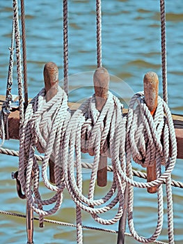 Close-up of ship`s rope an an old wooden sailing ship