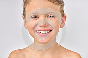 Close-up Shirtless Boy Looking At Camera Excited, Having Perfect Toothy Smile, Isolated