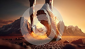 Close up shoe and legs. Nature, mountains, sunset