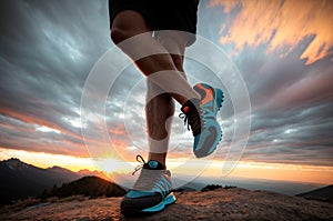 Close up on shoe Runner athlete feet running on mountain. AI