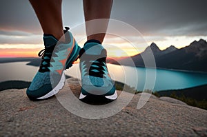 Close up on shoe Runner athlete feet running on mountain. AI