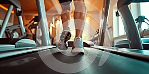 Close up shoes man's muscular legs feet during running on treadmill workout