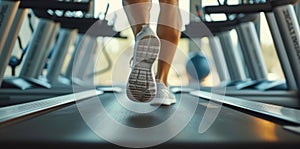 Close up shoes man's muscular legs feet during running on treadmill workout