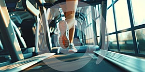 Close up shoes woman's muscular legs feet during running on treadmill workout