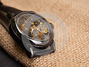 Close up shoot of black skeleton automatic watch