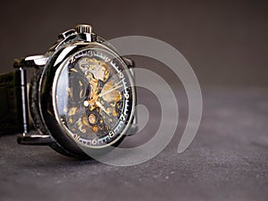 Close up shoot of black skeleton automatic watch