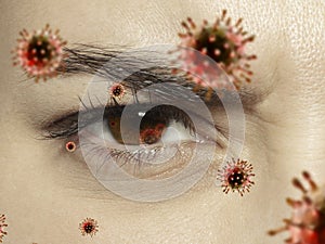 Close up shoot of a female eye with 3D-illustrated coronavirus models, the way of infecting