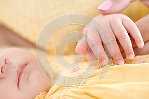 Close up shoot of little baby`s hand. Mother touching her little baby`s hand. Caring concept