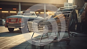Close up of shopping cart with bags and supplies next to family car shopping mall parking blurred background with copy space area
