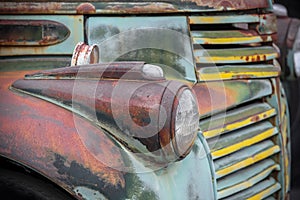 Close up shot of abandoned old rusty pick up truck