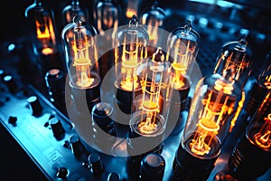 Close-up shot of activated glass vacuum tubes as part of the internal working of a valve analogue sound amplifier