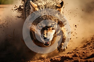 Close-up shot of angry gray wolf running through sand and mud in middle of desert