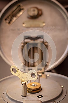 Close up shot of a antique 1947 Watchclock, vintage concept.