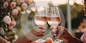 Close Up Shot of Arms of Two Black Women Toasting Glasses of Champagne Blurry Background