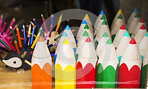 Close Up Shot Of An Assortment Of Colored Pencils. Background Of Colorful Pencils On A Shop Window. Creative Idea. Art