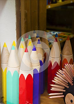 Close Up Shot Of An Assortment Of Colored Pencils. Background Of Colorful Pencils On A Shop Window. Creative Idea. Art