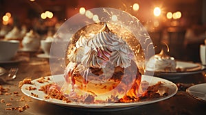 Close up shot of a Baked Alaska on fancy table.