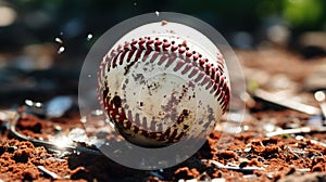 a close up shot of a baseball on dusty ground