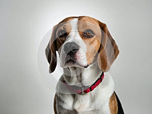 Close-up shot of a beagle dog in isolated setting.