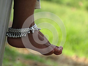 Close up shot of beautiful Anklets in food.