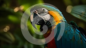 Close up shot of beautiful blue yellow Macaw parrot bird head