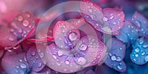 Close-up shot of beautiful pink hortensia flower blossoming in a garden on sunny day. Hydrangea blooming in nature, vivid colorful