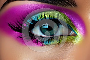 Close-up shot of beautiful woman\'s eye with colorful make-up.Generative AI