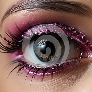 Close-up shot of beautiful woman& x27;s eye with pink make-up