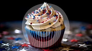 A close-up shot of a beautifully decorated red, white, and blue cupcake, AI-Generated