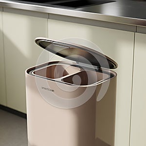 Beige dual compartment trash can with open lid garbage can