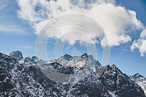 Close up shot of Black mountain with snow and cloud on the top at Thangu and Chopta valley in winter in Lachen. North Sikkim.