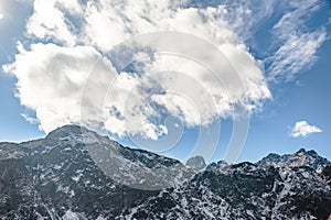 Close up shot of Black mountain with snow and cloud on the top at Thangu and Chopta valley in winter in Lachen. North Sikkim.