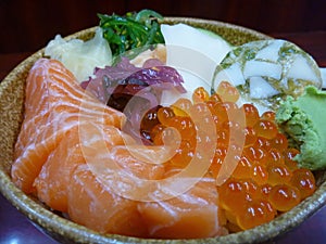 Close up shot of a bowl of Japanese Sashimi