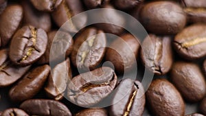 Close-up shot of brown hot roasted coffee beans