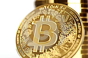 Close up shot on BSV letters on conceptual Bitcoin Satoshi Vision coin Bitcoin SV. 3D rendering