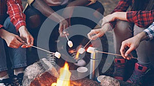 Close-up shot of burning campfire and people& x27;s hands holding sticks with marshmallow above flame and tourists