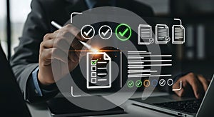 Business man working with digital documents showing check marks and approval on screen